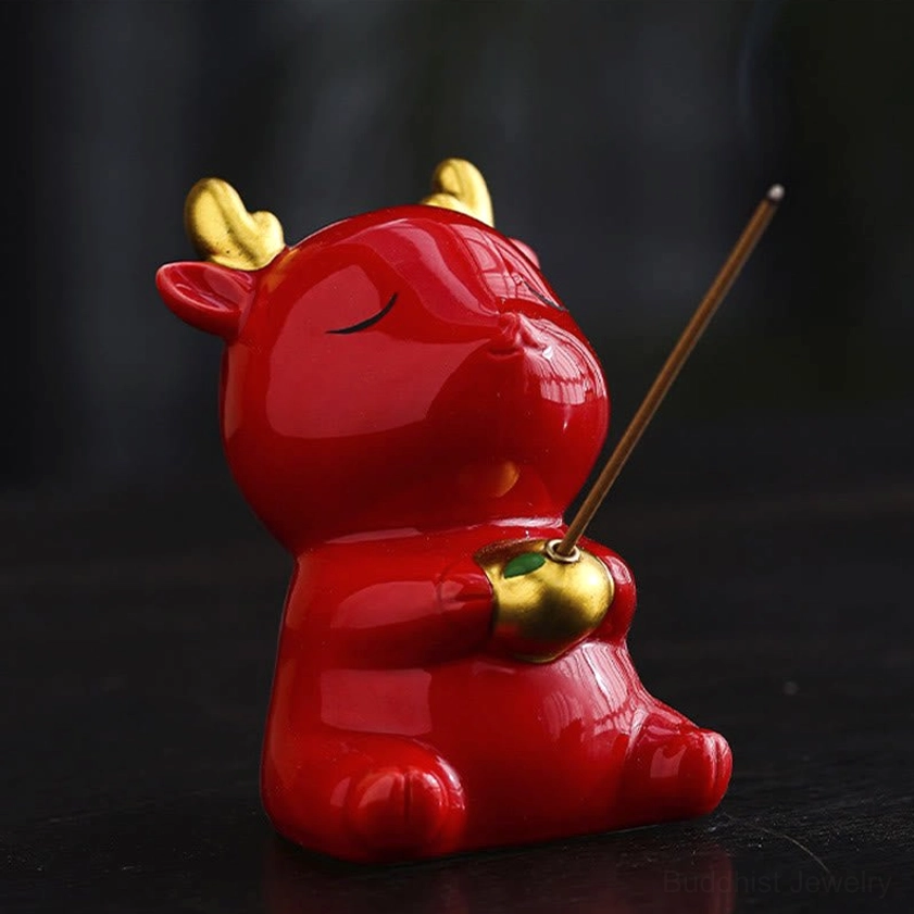 Red Ceramic Deer Incense Burner with Golden Antlers - Sacred Buddhist Décor