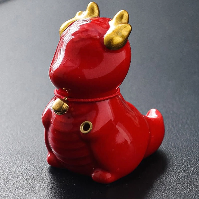 Red ceramic dragon bell incense burner large size showing vibrant glaze and golden accents