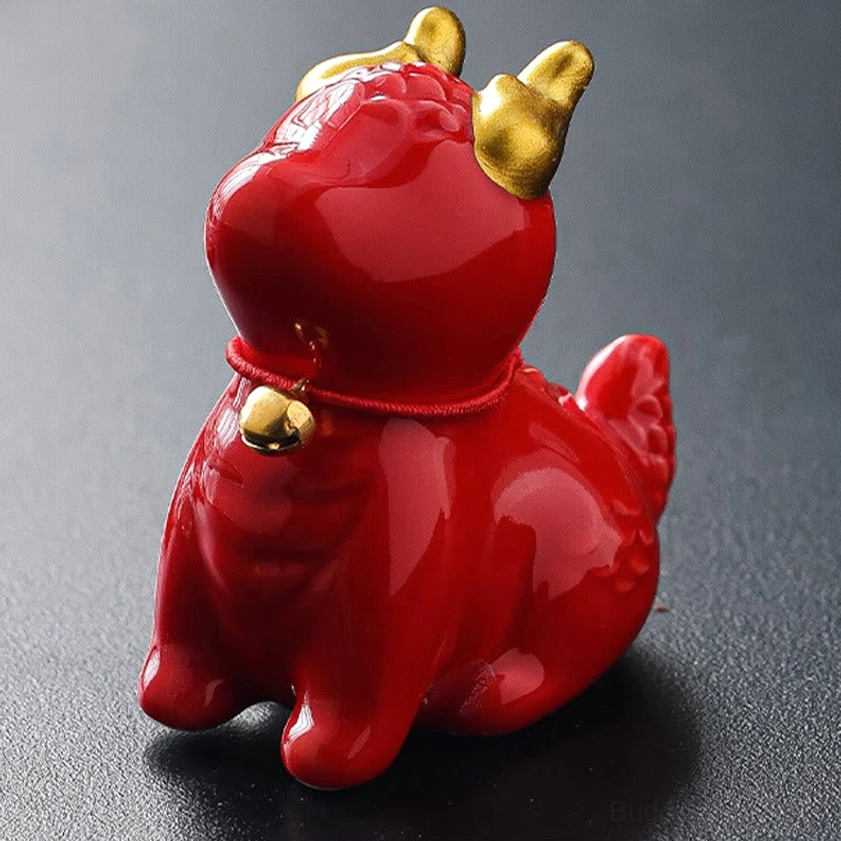 Red ceramic dragon bell incense burner compact size with vibrant glaze and golden accents