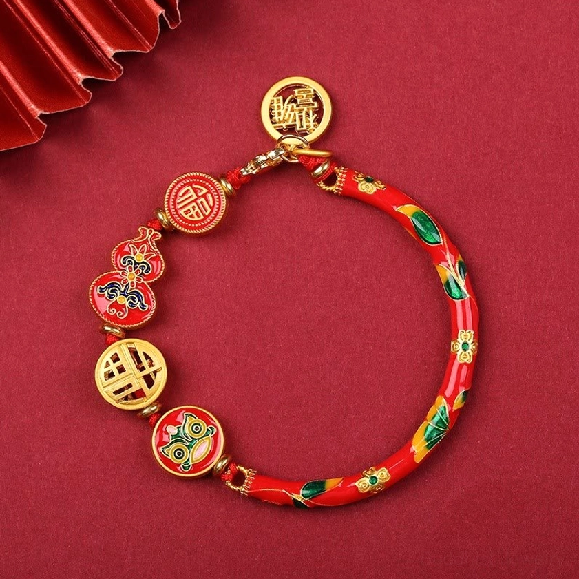 Red enamel copper lion gourd prosperity bracelet with fortune and cloud charms featuring gold accents