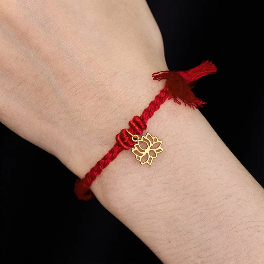 Red fu character bracelet showing gold fortune charm and braided cord construction from multiple angles