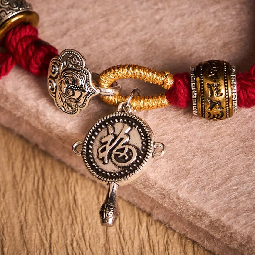 Red Braided Luck Bracelet with Fu Character Symbol and Metal Accents