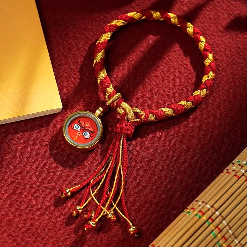 Red God of Wealth braided rope bracelet with red-gold braid and red charm amulet, Buddhist prosperity charm for love and abundance