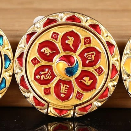 Red and gold Om Mani Padme Hum phone ring holder, handcrafted enamel work for meditation and mindfulness practice