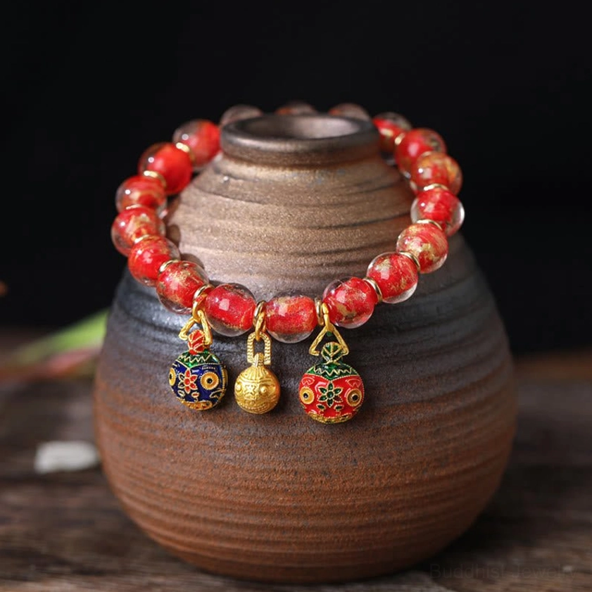 Red gradient Liuli glass bead bracelet with three sets of gold-plated Pixiu prosperity charms - Buddhist fortune bracelet front view