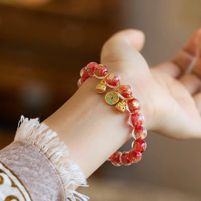 Red gradient liuli glass bead Buddhist prosperity bracelet with gold coin and enamel pixiu charm for wealth