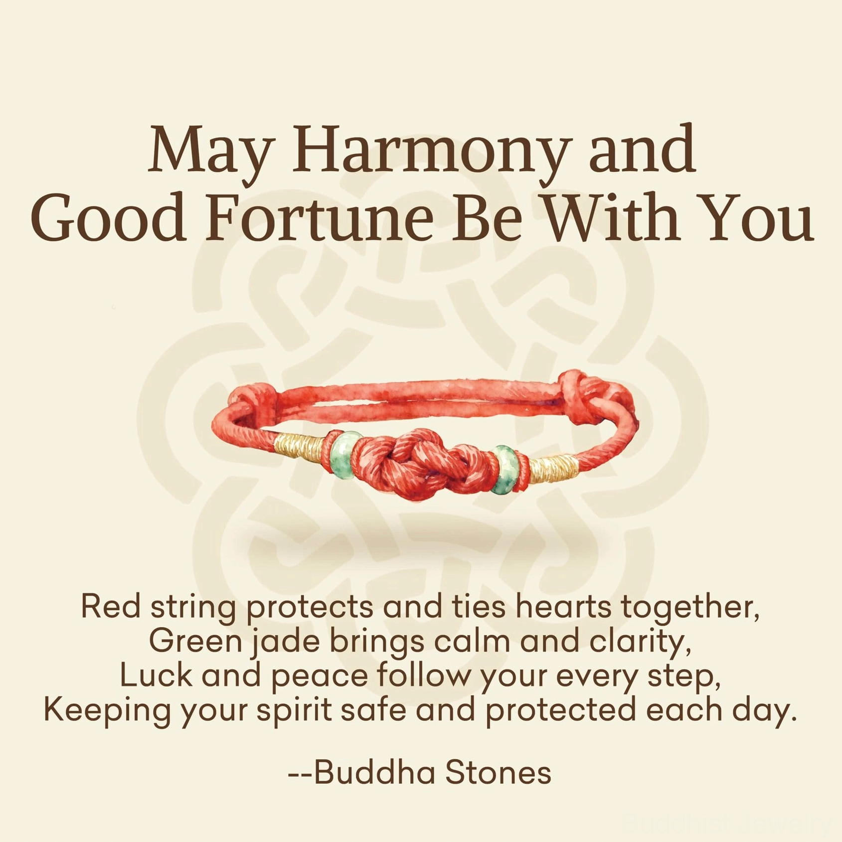 Buddhist bracelet blessing message card with inspirational quote and product illustration on patterned background
