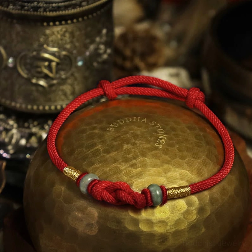 Red jade braided couple bracelet on engraved brass with knotted detail