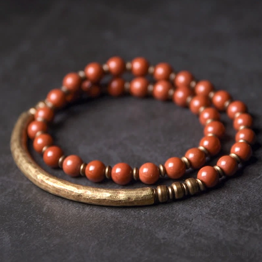 Red jasper and copper cuff couple bracelet with spacer beads - long plain copper design laid flat