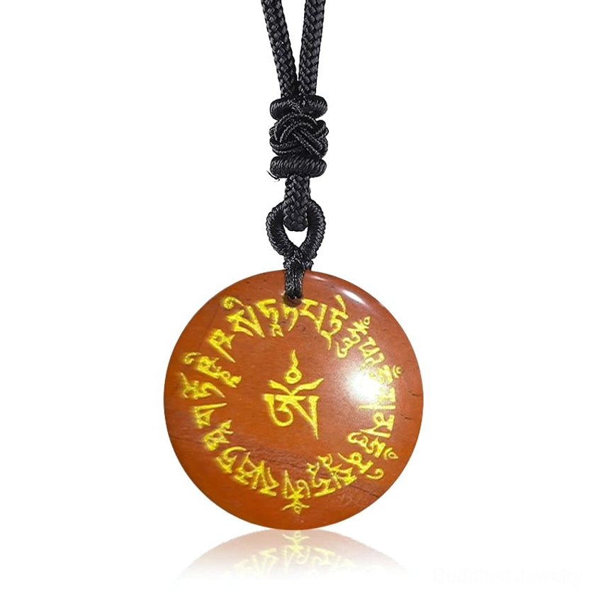 Red Jasper Buddhist Mantra Pendant Necklace with Golden Sanskrit Engraving - Warrior Stone
