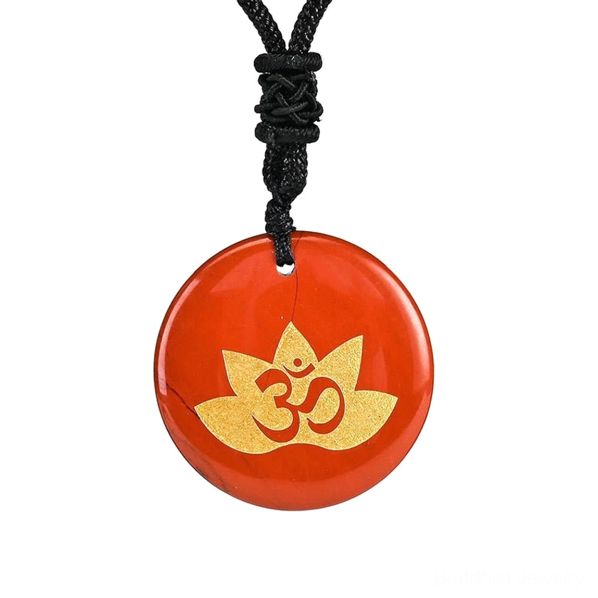 Red Jasper OM Lotus pendant necklace - deep red stone with black woven cord and gold-stamped lotus and OM spiritual symbols