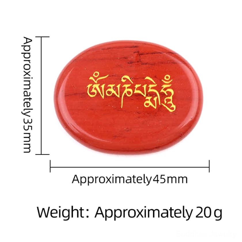 Red jasper Om Mani Padme Hum palm stone 35mm 45mm with golden Sanskrit text specification