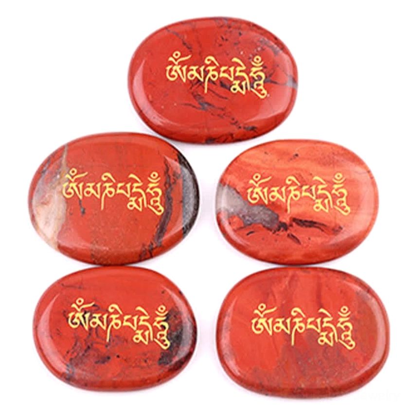 Set of five red jasper Om Mani Padme Hum engraved oval crystal stones
