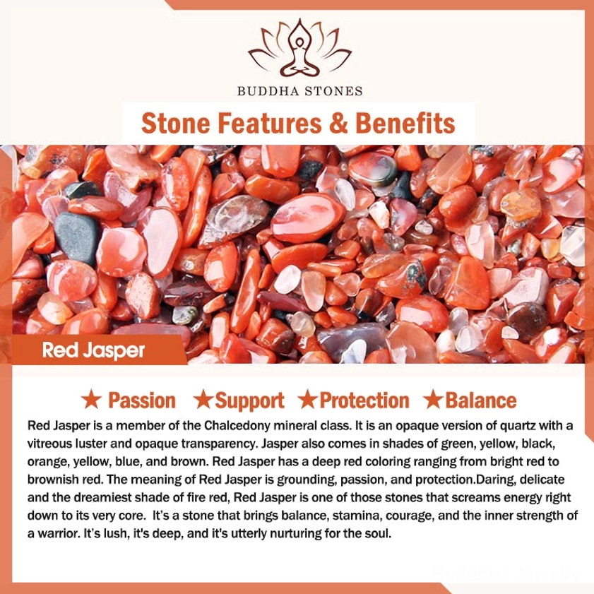 Red jasper stone benefits information card displayed with pile of red jasper gemstones highlighting passion balance and protection