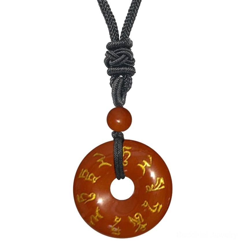 Red Jasper Green Tara mantra donut pendant reddish-brown stone with golden Sanskrit engraving