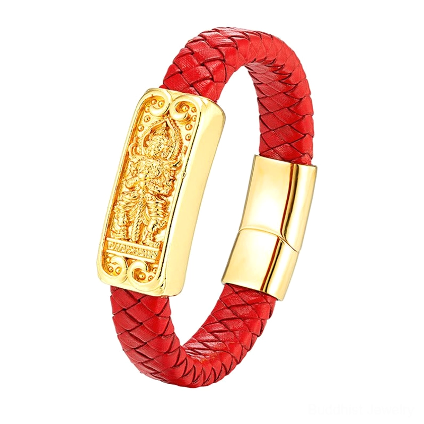Red braided leather Buddha symbol bracelet with gold-plated charm and magnetic clasp on white background