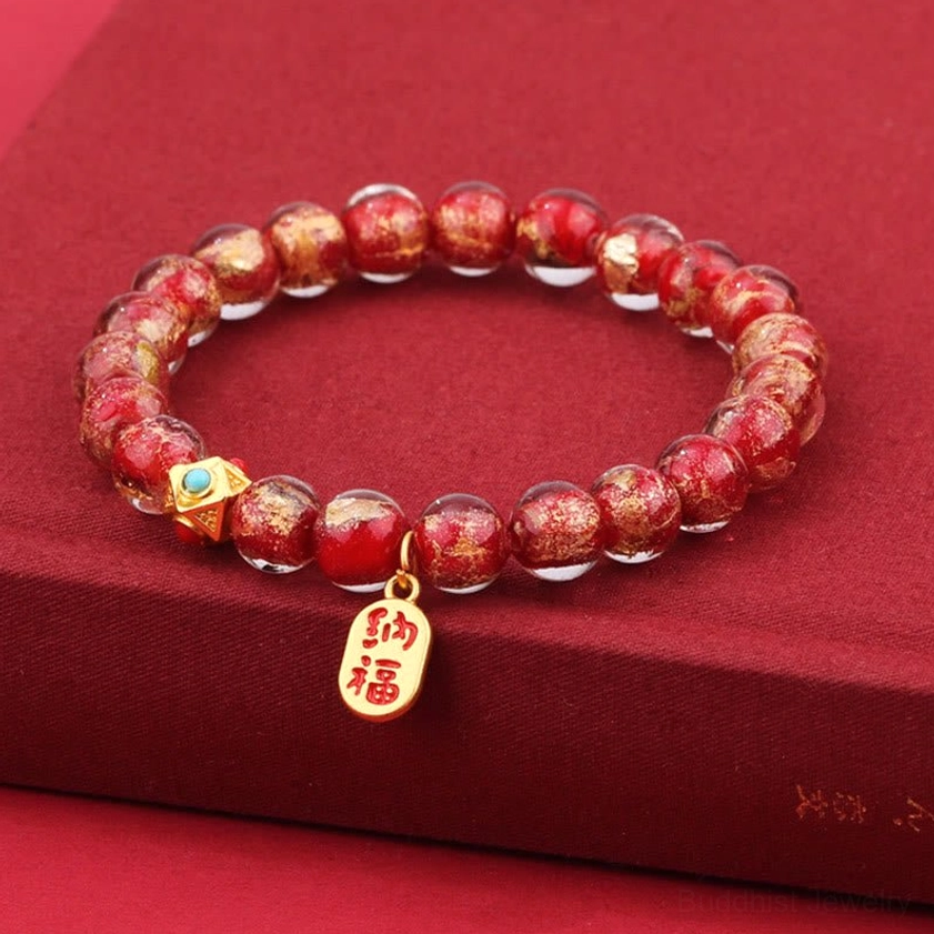 Red liuli glass bead incense ash bracelet with Fu character charm for attracting good fortune and blessings