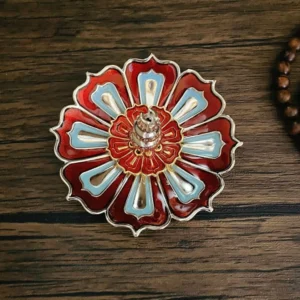 Red and light blue lotus incense burner with silver metal trim, handcrafted Buddhist meditation holder