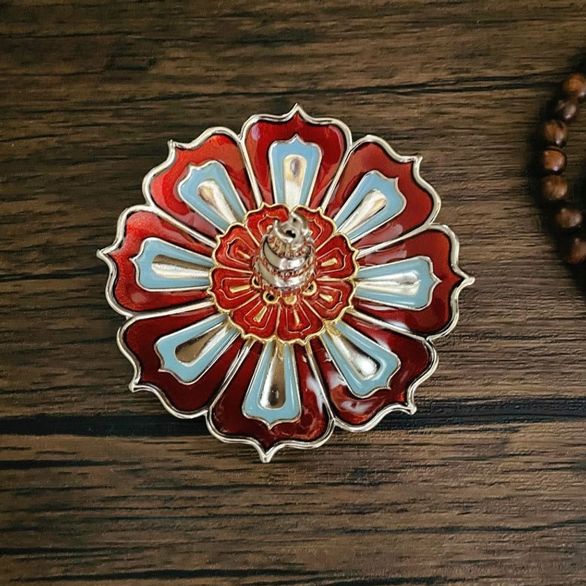Red and light blue lotus incense burner with silver metal trim, handcrafted Buddhist meditation holder