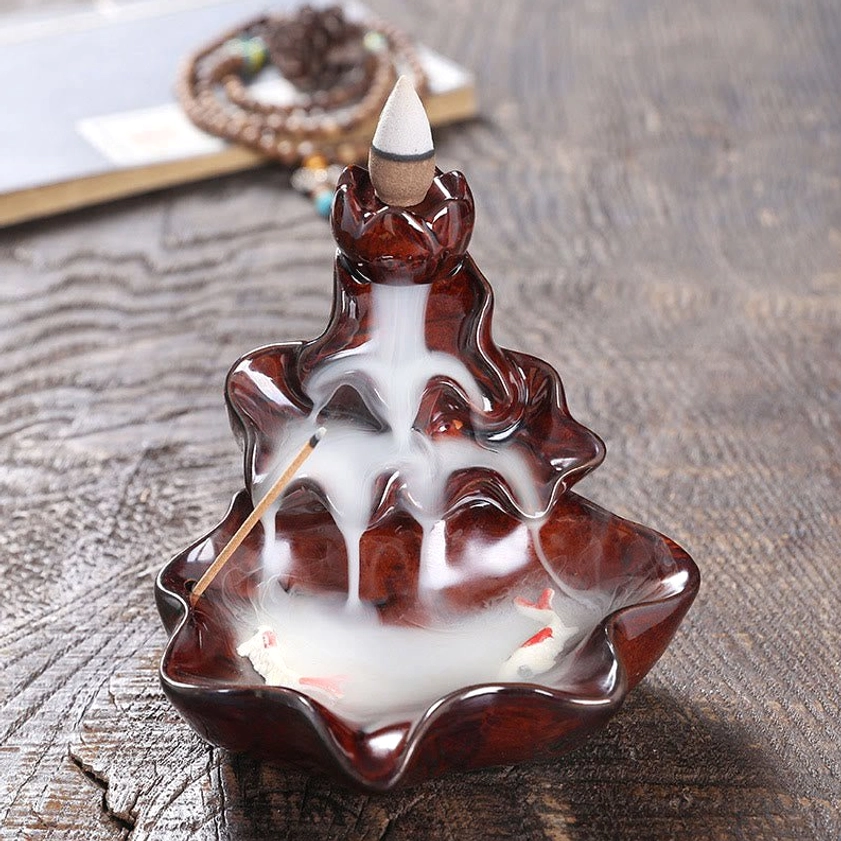 Red lotus koi ceramic backflow incense burner for home and meditation