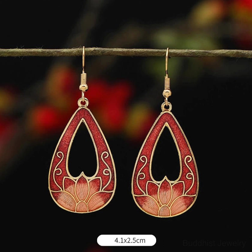 Red base lotus teardrop enamel drop earrings size 4.1x2.5cm with red-gold color scheme and hollow shape