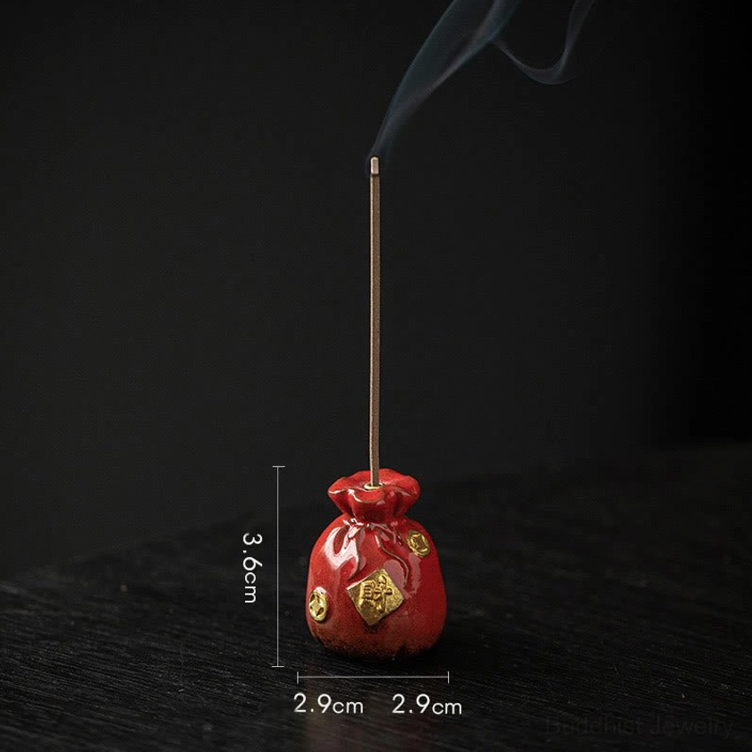 Red lucky bag incense holder with authentic Buddhist symbolism for personal meditation practice and mindfulness