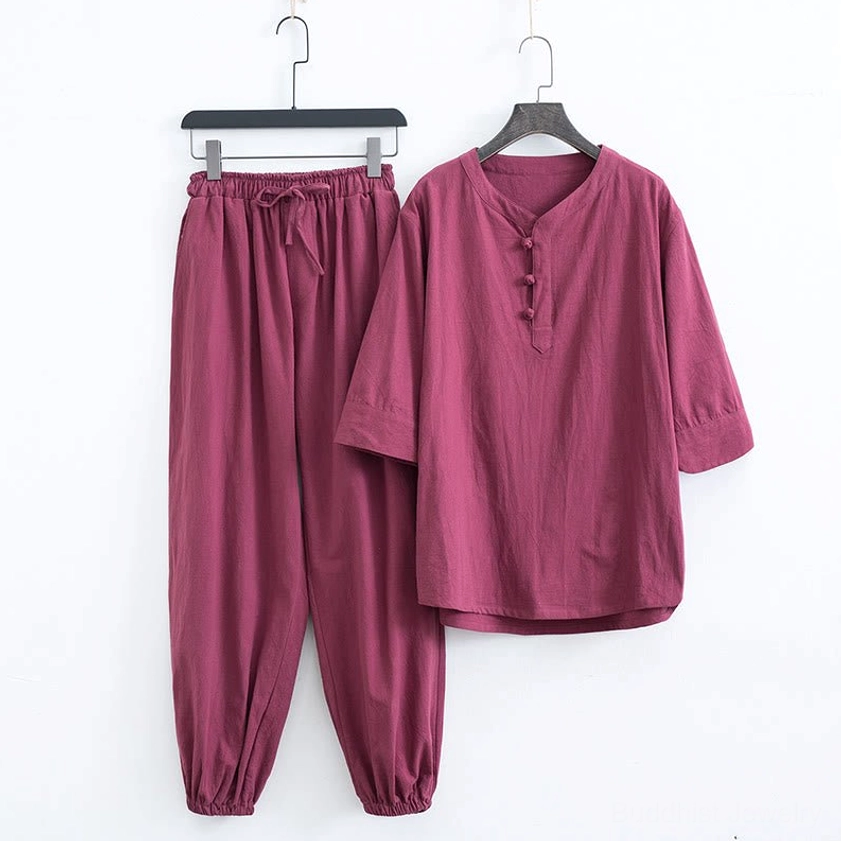 Red Buddhist meditation wear set with elastic waistband pants perfect for mindfulness practice and casual wear