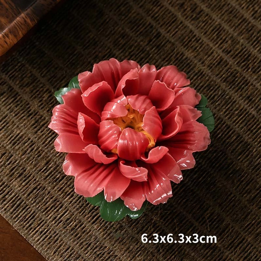 Red peony ceramic incense burner holder with natural finish