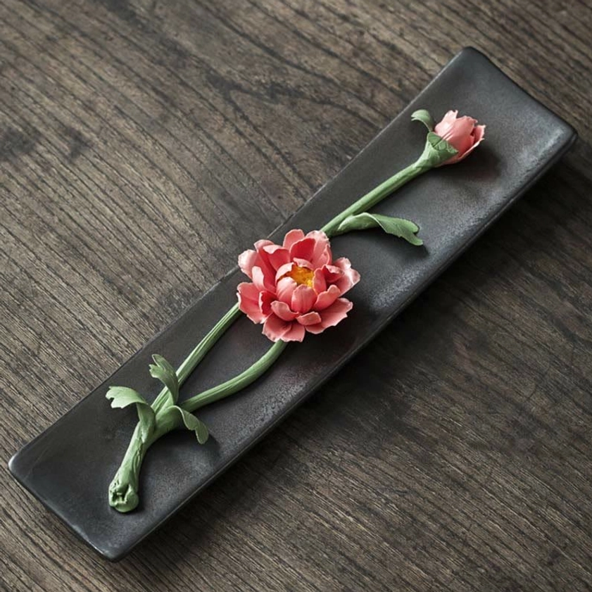 Red peony handcrafted ceramic incense holder, traditional Buddhist mindfulness tool