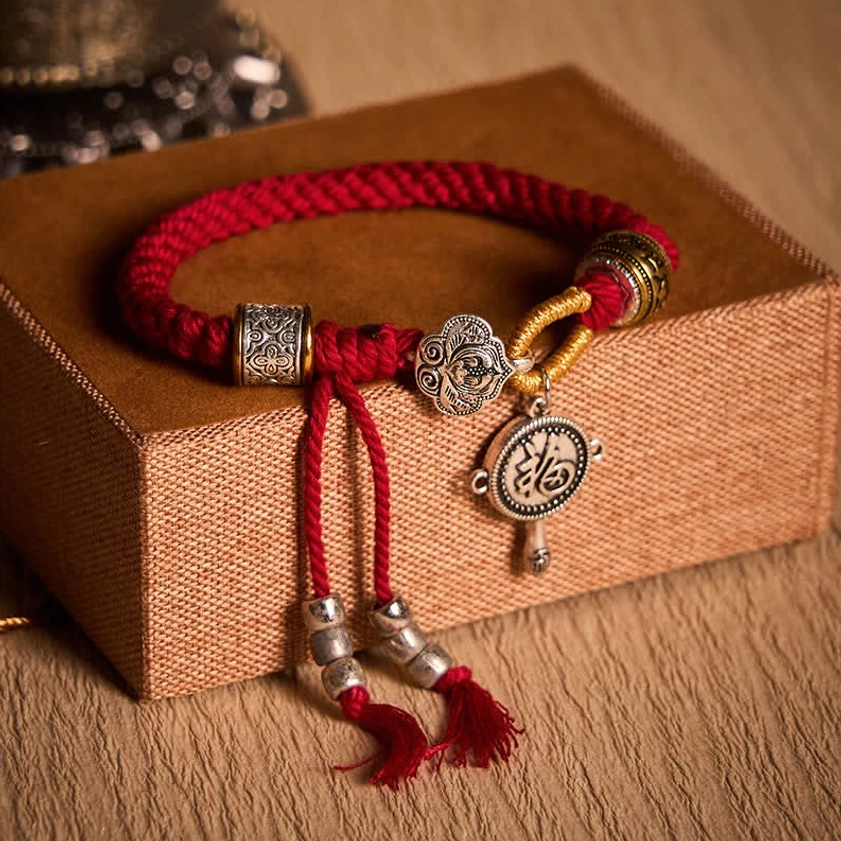Red Rope Buddhist Braided Bracelet with Fu Character and Sacred Symbols