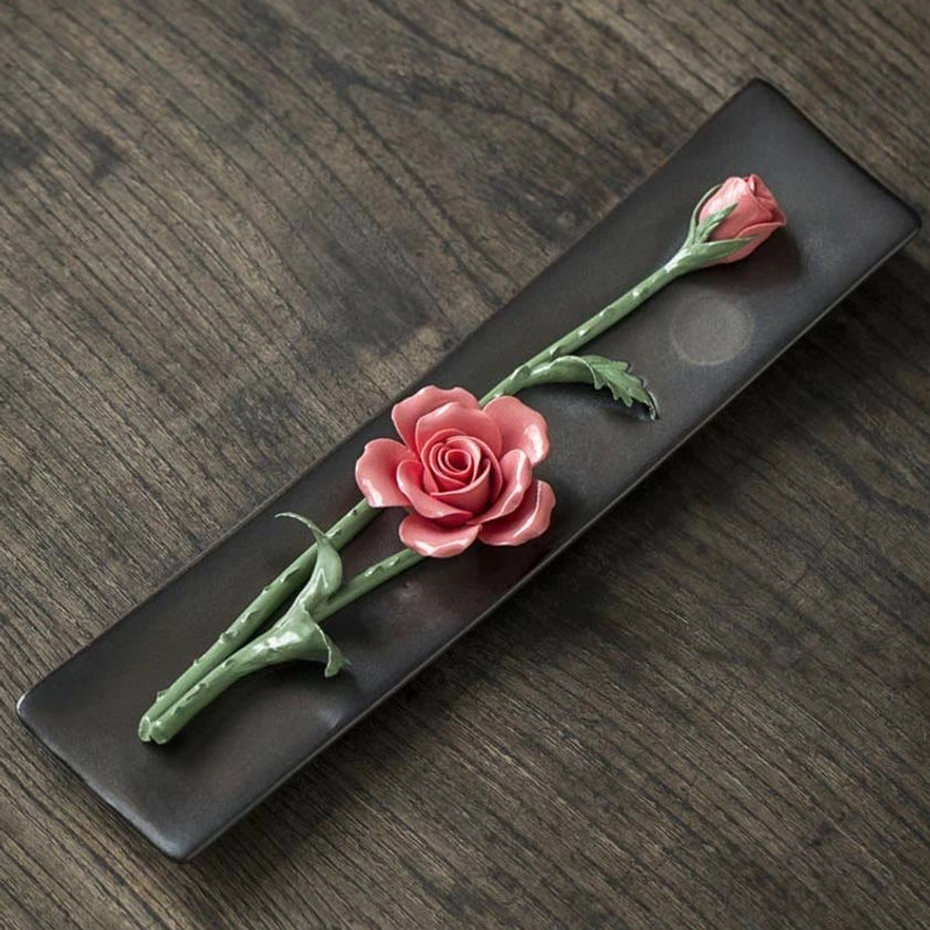 Red rose ceramic incense burner with natural floral motif, spiritual practice accessory