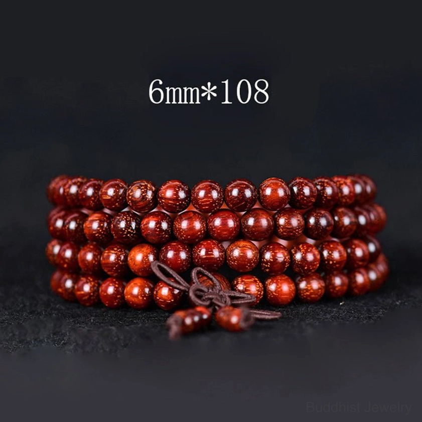 6mm 108-bead red sandalwood mala beads bracelet, flat lay display showing multi-loop bundled configuration