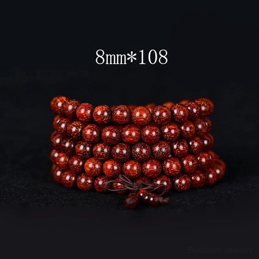 8mm 108-bead red sandalwood mala bracelet, multi-loop stacked design with natural wood grain detail