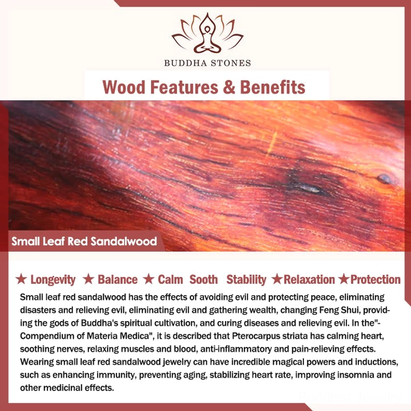 Educational card explaining the healing benefits and spiritual properties of small leaf red sandalwood