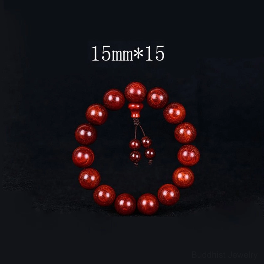 15mm 15-bead red sandalwood single-turn bracelet, large glossy wood beads with mini tassel charm