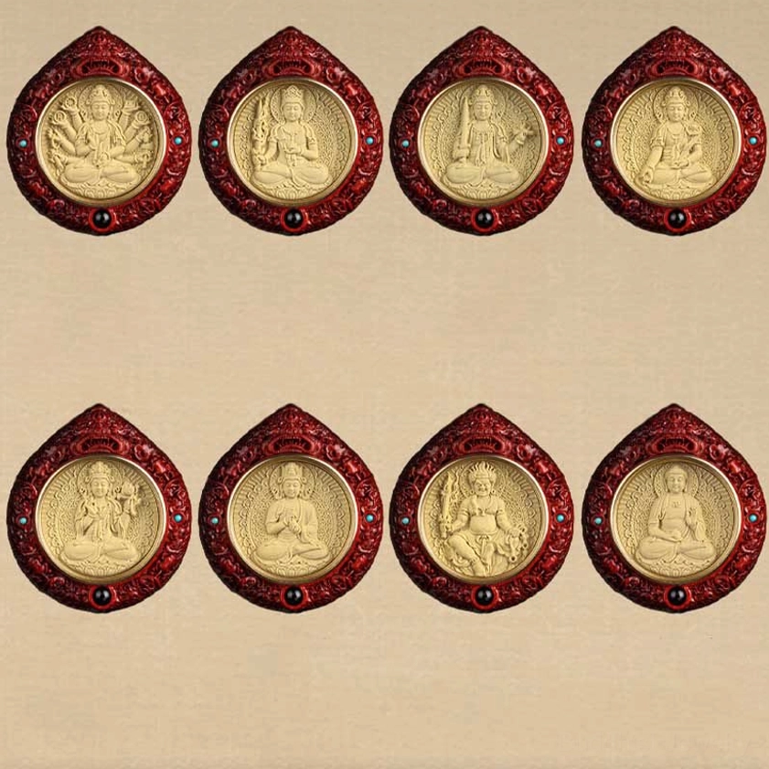 Dog Pig Amitabha Buddha necklace pendant red sandalwood with turquoise accent