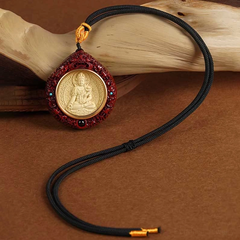 Red sandalwood Dragon Snake Samantabhadra Buddhist necklace pendant relief carving