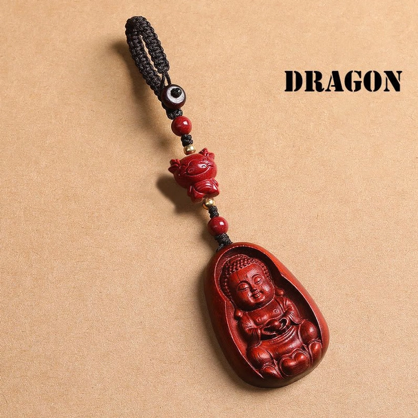 Red sandalwood Dragon zodiac Buddha keychain featuring dragon bead and baby Buddha pendant charm