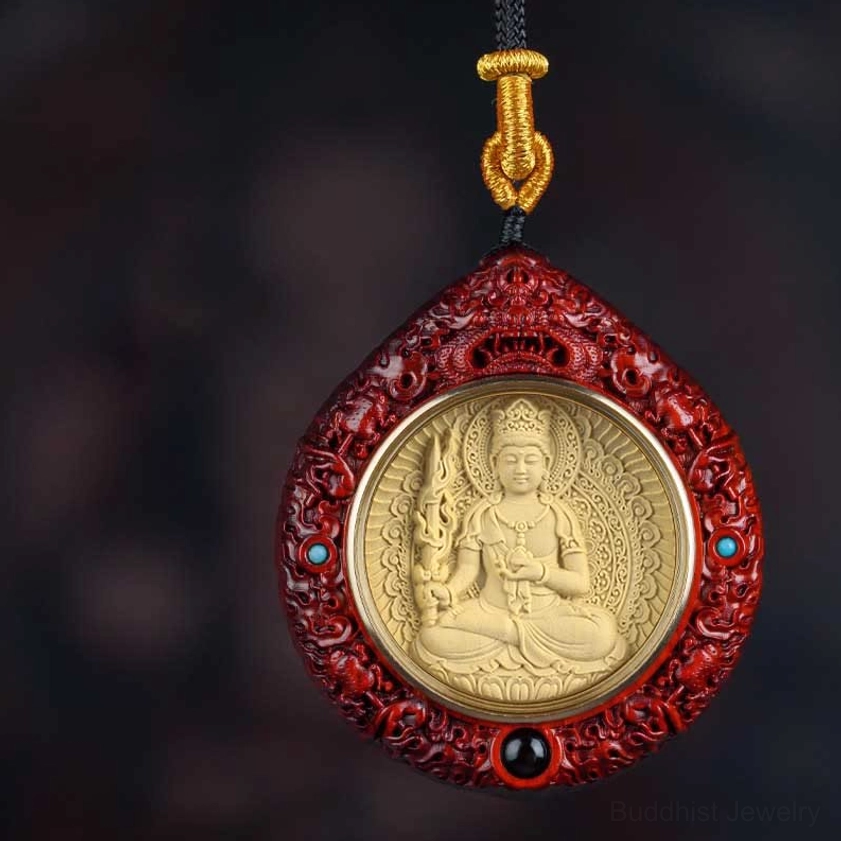 Red sandalwood Goat Monkey Tathagata Buddha necklace pendant front view