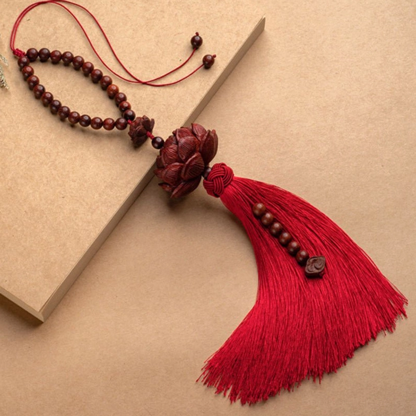 Red sandalwood lotus beaded bracelet with adjustable wrist strap for daily spiritual protection and balance