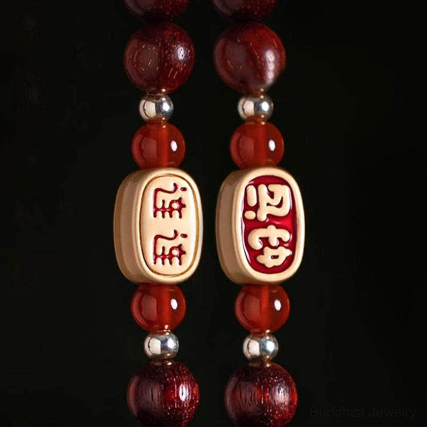 Small-leaf red sandalwood lotus car sachet with prosperity blessing embroidery, cinnabar filling, and protective tassel decoration