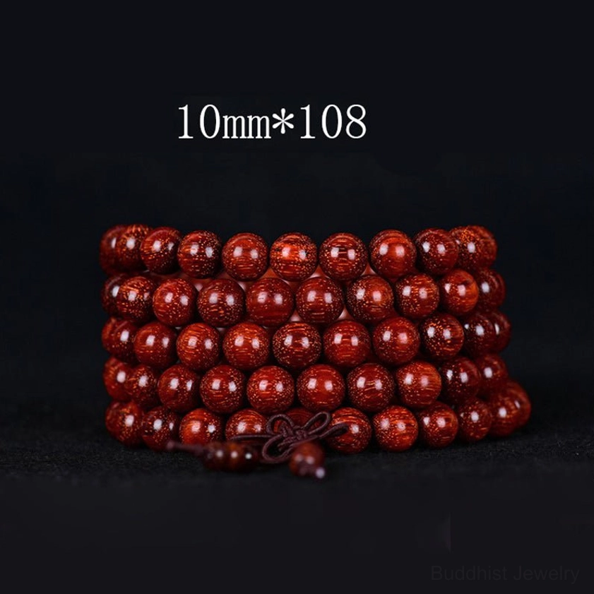 10mm 108-bead red sandalwood mala prayer beads bracelet, neatly arranged deep reddish-brown beads