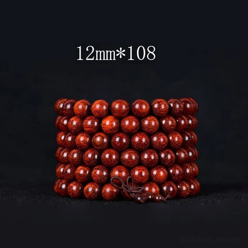 12mm 108-bead red sandalwood mala bracelet, large glossy reddish-brown beads with consistent texture