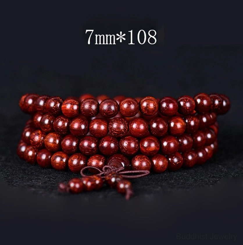 7mm 108-bead red sandalwood prayer beads bracelet with tassel cord, overhead view