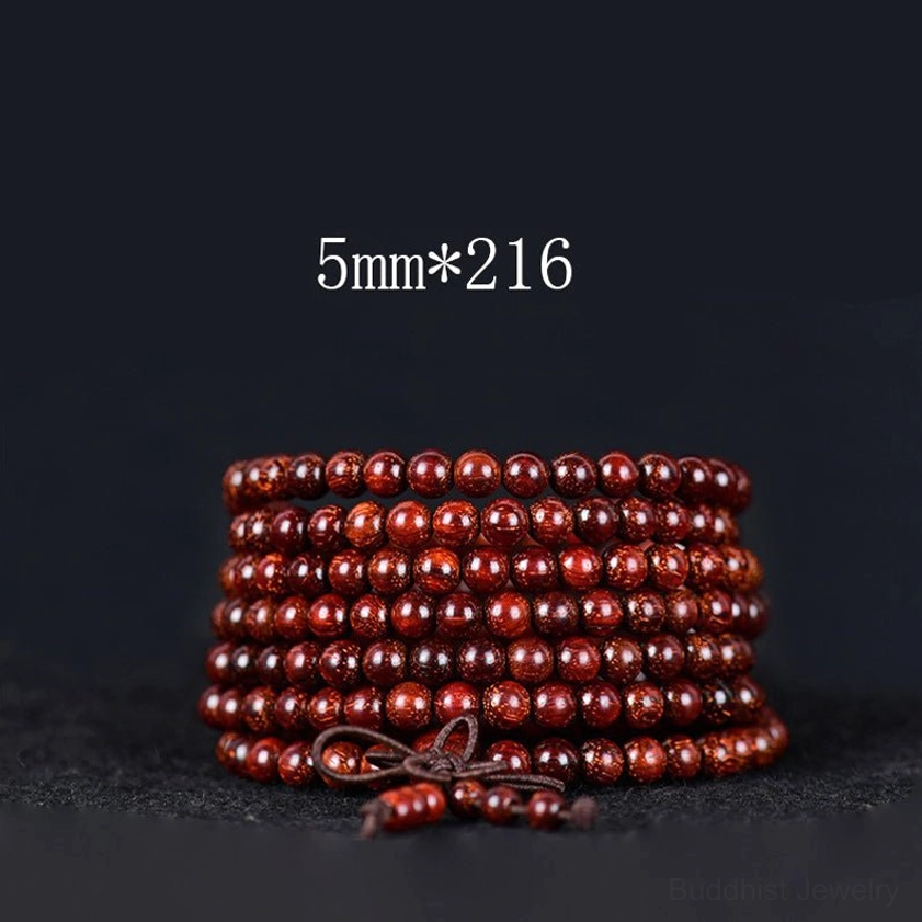 5mm 216-bead red sandalwood mala bracelet, small compact beads with brown fastening cord knot