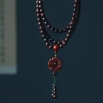 Red sandalwood Buddhist prayer mala bracelet 108 beads overhead display with carved lotus pendant and green tassel on dark background