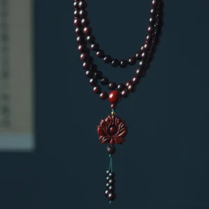Red sandalwood Buddhist prayer mala bracelet 108 beads overhead display with carved lotus pendant and green tassel on dark background