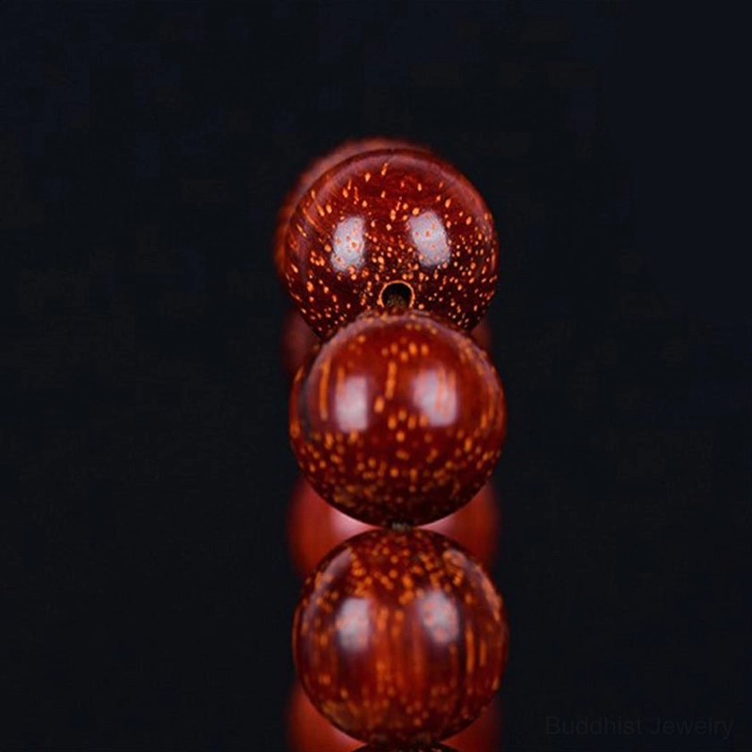Red sandalwood bracelet mala beads with protective tassel charm, spiritual energy jewelry