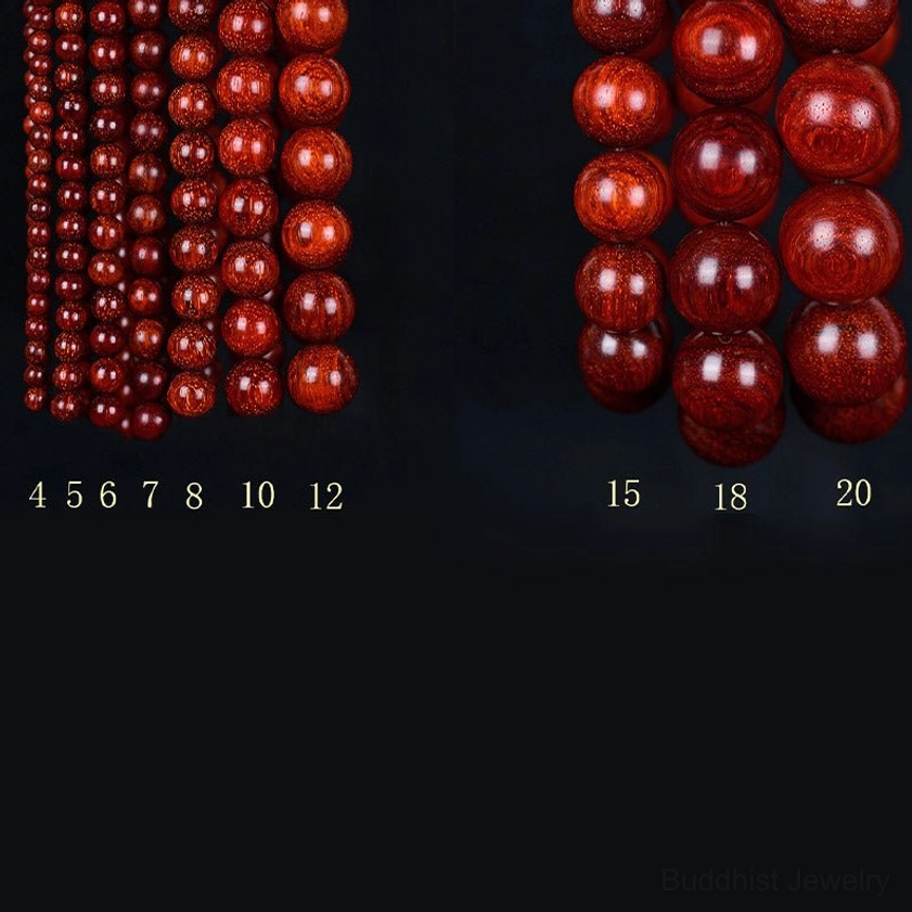 Red sandalwood mala beads multiple size options display, comparing different bead diameter choices