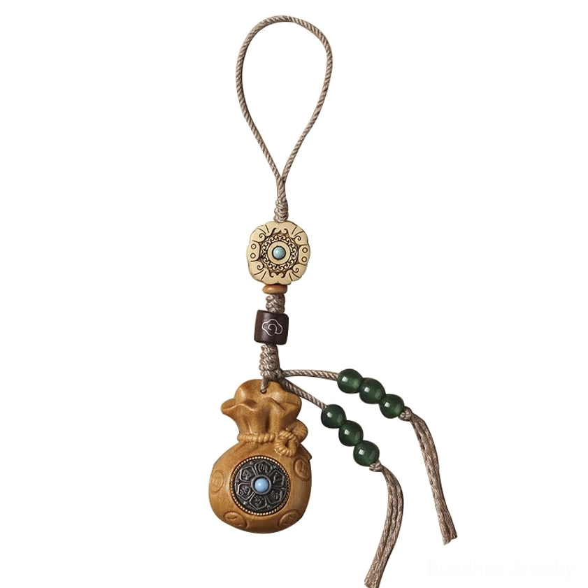 Small leaf red sandalwood Om Mani Padme Hum phone hanging charm with green aventurine crystal accent
